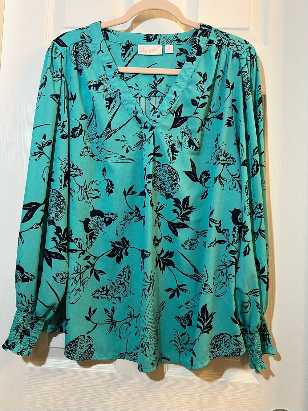 🦋 NWOT Belle by Kim Gravel Teal Tunic with Black Botanical & Butterfly Print xl
